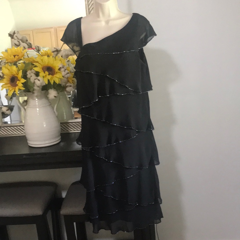 Patra Black Asymmetrical Tiered Midi Dress